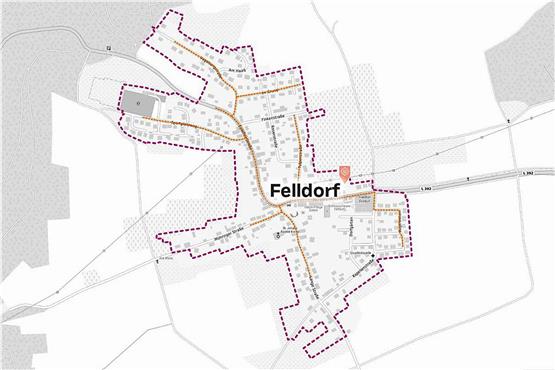 Die Grafik zeigt die äußeren Grenzen des Untersuchungsgebiets für ein energetisches Quartierskonzept für Felldorf (violett), eine mögliche Wärmenetztrasse (orange) und den Standort für die Heizzentrale (rot, neben dem „f“ in „Felldorf“). Bei einer Anschlussquote von 60 Prozent könnten 146 Gebäude angeschlossen werden. Grafik: Gemeindeverwaltung Starzach