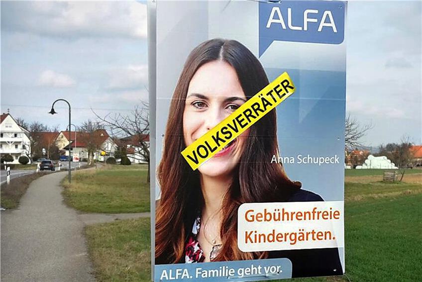 Auch auf ALFA-Werbung: Zwischen Immenhausen und Mähringen mit „Volksverräter“ überklebte Wahlplakate. Bild: Rekittke
