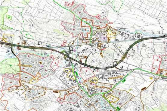 Die geplante Endelbergtrasse zur Ortsumfahrung von Ofterdingen in einem älteren Kartenausschnitt aus den Planunterlagen. Es fehlen die gut 150 Pendlerparkplätze an den Anschluss-Stellen. Grafik: RP