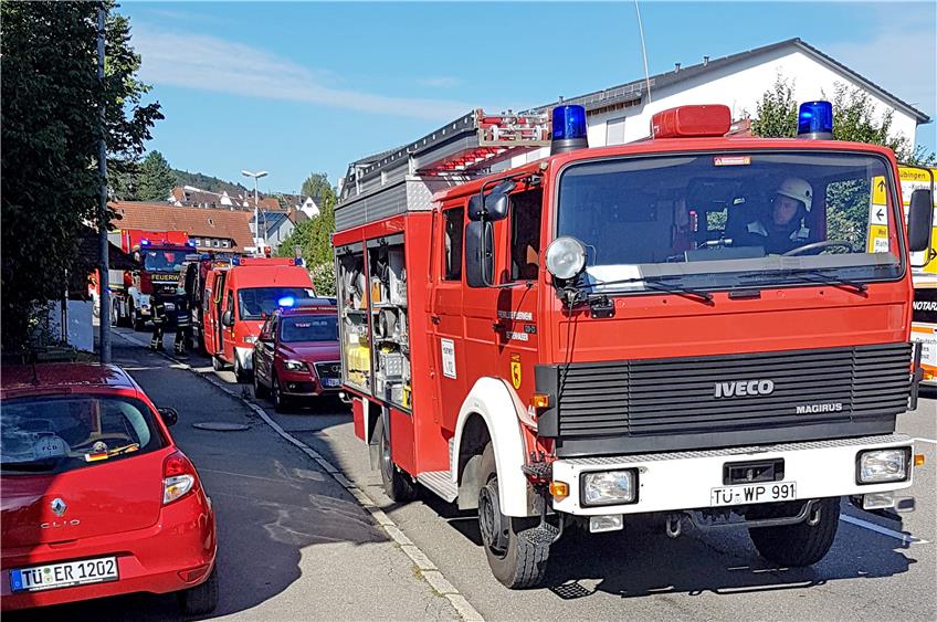 Ein Großaufgebot der Feuerwehren aus Dettenhausen und Tübingen rückte in Dettenhausen an. Bild: Feuerwehr