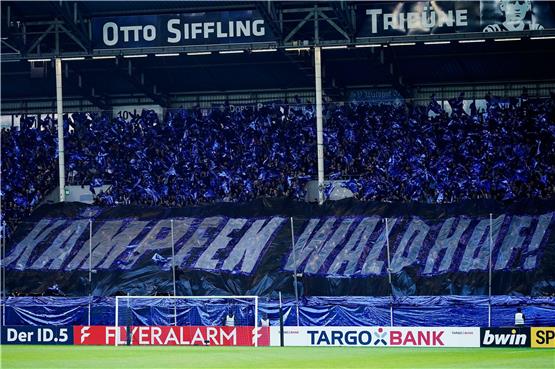 Fans halten ein Transparent mit der Aufschrift „Kämpfen Waldhof!“ in die Höhe. Foto: Uwe Anspach/dpa