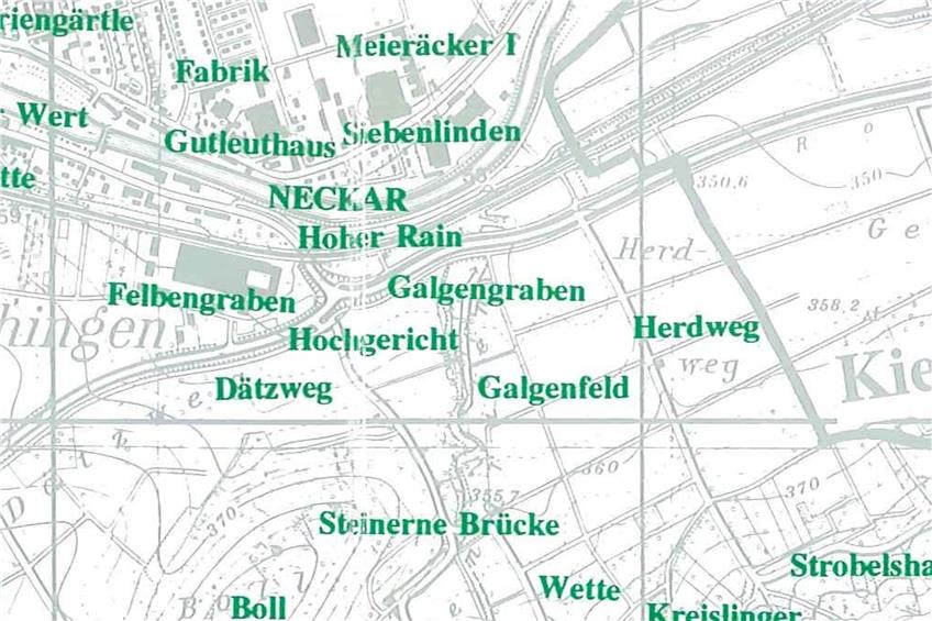 Galgenfeld. Ausschnitt aus der Flurnamenkarte der Gemarkung Rottenburg. Aus Thomas Jauchs „Die Flurnamen der Stadt Rottenburg“.