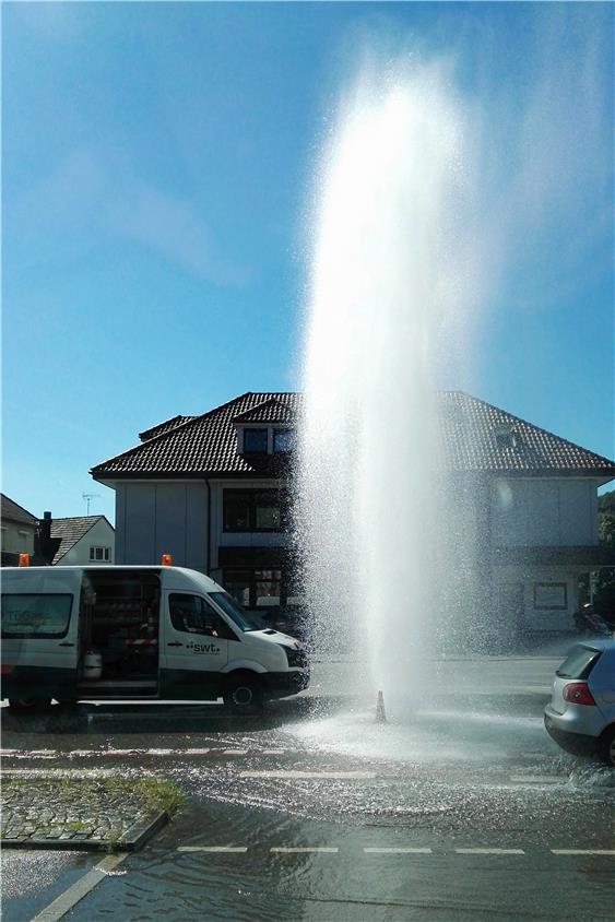 Meterhoch schoss ein defekter Hydrant das Wasser in die Höhe. Bild: Kicherer
