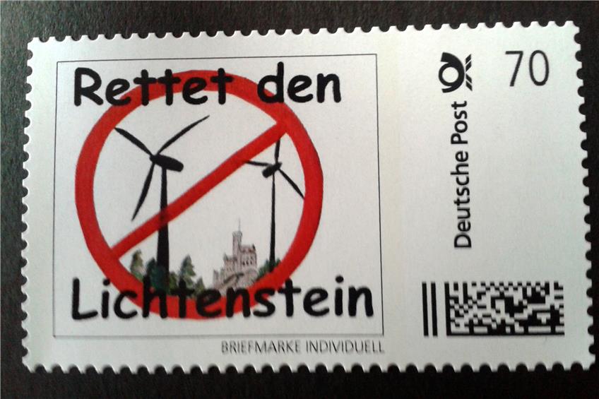 Protestbriefmarke gegen Windräder an Schloss Lichtenstein.