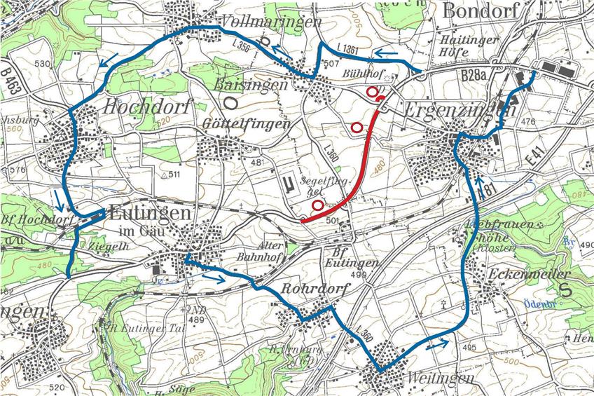 Rot ist die Reparaturstrecke auf der Ortsumfahrung Ergenzingen der B28a , blau sind die Umleitungsstrecken zwischen den Zielen Tübingen und Autobahn81 in östlicher sowie Horb und Freudenstadt in westlicher Richtung. Zeichnung: Landratsamt auf Basis von GISterm der LUBW