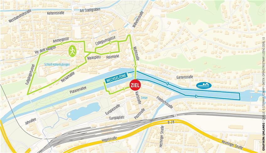 So verläuft die Strecke Laufen/Schwimmen beim Mey-Generalbau-Triathlon am Sonntag. Grafik: Uhland2 / Quelle: © Stepmap, 123map • Daten: OpenStreetMap, Lizenz ODbL 1.0