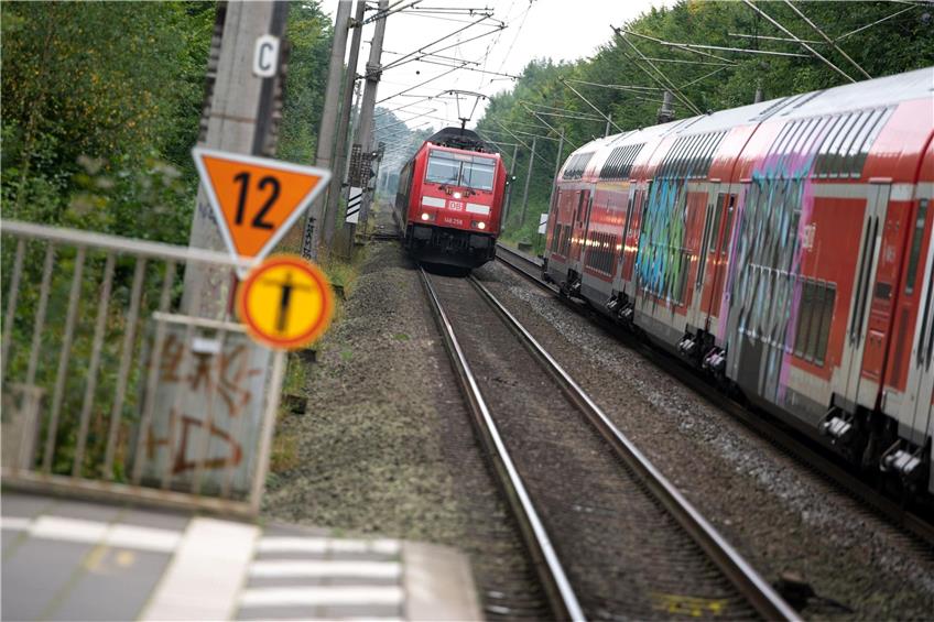Zwei Regionalzüge der Deutschen Bahn begegnen sich vor einem Bahnhof. Foto: Jonas Walzberg/dpa/Symbolbild