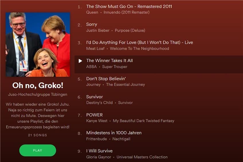  Die Groko-Playlist der Juso-Hochschulgruppe. Screenshot: Spotify