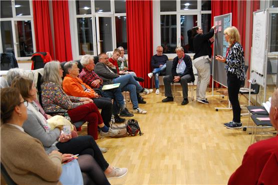 Am Freitag war der erste vertiefende Workshop der „Quartiersimpulse: Leben im Alter – Zukunft in Gomaringen“. Rechts moderiert Beate Radzey von „Landaufwärts“, der begleitenden Agentur, die Veranstaltung im Rathaus. Bild: Jutta Garber