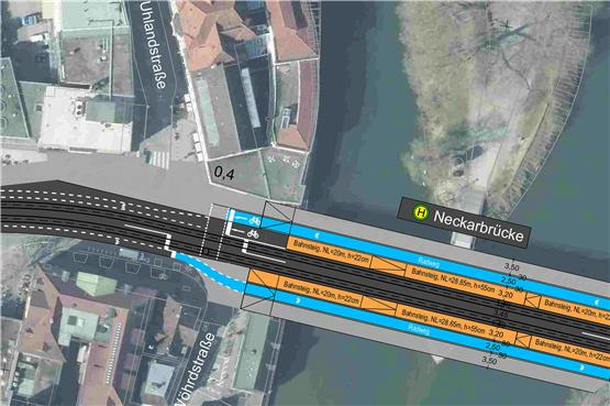 Auf der Vorplanung für die Neckarbrücke ist die Aufteilung der Verkehre gut zu sehen. Die Verkehrsführung an den Enden der Brücke würden so allerdings nicht umgesetzt werden. Grafik: Mailänder Consult