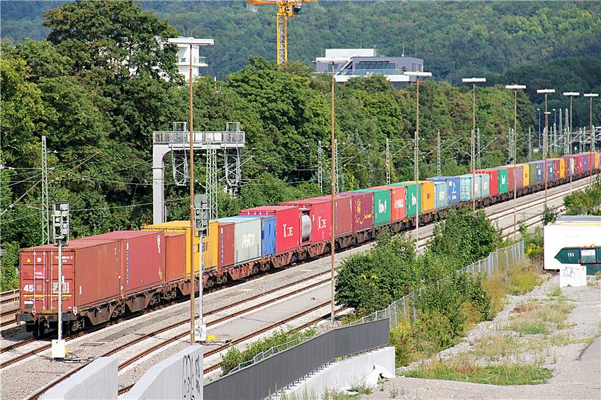 Bis zu 570 Meter lang sind die Güterzüge, die seit gestern durch Reutlingen, Tübingen (Bild), Rottenburg und Horb fahren. Nach der Sperrung der Rheintalstrecke weichen sie auf die Neckar-Alb-Bahn aus. Bild: Schneck