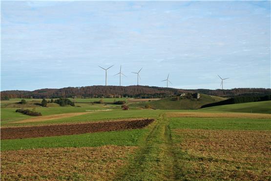 Bislang nur eine Fotomontage: der geplanter Windpark Hohfleck auf der Gemarkung Sonnenbühl. Für Freunde der Erneuerbaren ist es der langersehnte Einstieg der Region in mehr als nur punktuelle Windkraft-Projekte. Visualisierung: Sowitec
