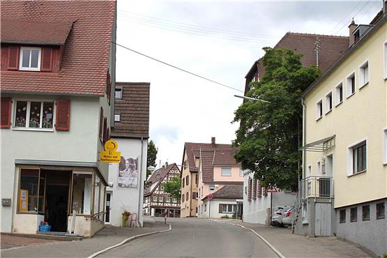 Blick in die Falltorstraße: Links das Mütter- und Familienzentrum, auf der rechten Seite das Praxishaus, dahinter, vom Baum verdeckt, das alte Rathaus.Bild: Moritz Siebert