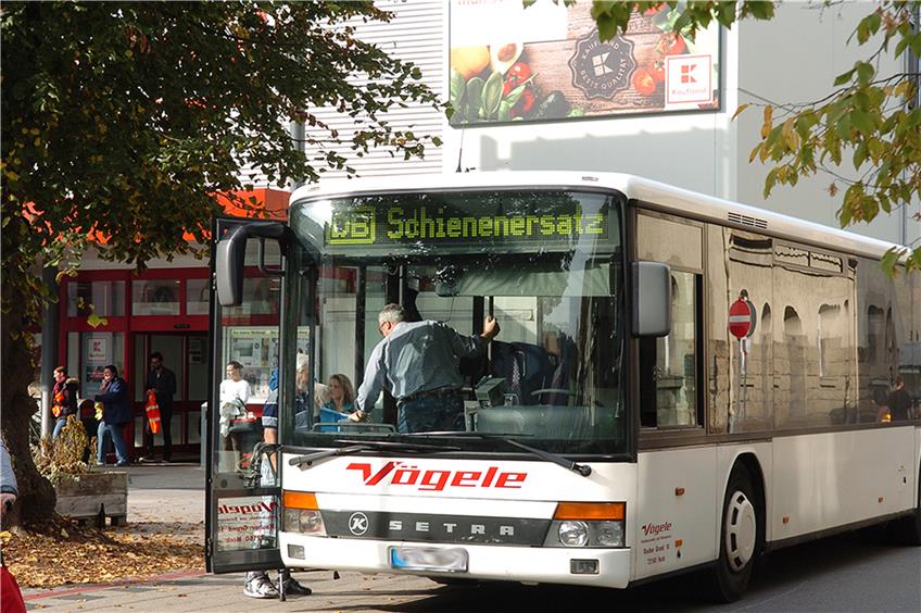 Busse eines rasch eingerichteten Schienenersatzverkehrs brachten in Horb gestrandete Reisende weiter nach Eutingen. Bild: Braun