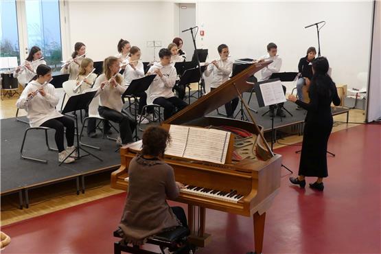 Das Flötenensemble beim Konzert der Musikschule Ammerbuch in der Aula der Gemeinschaftsschule am Entringer Bahnhof. Bild: Werner Bauknecht