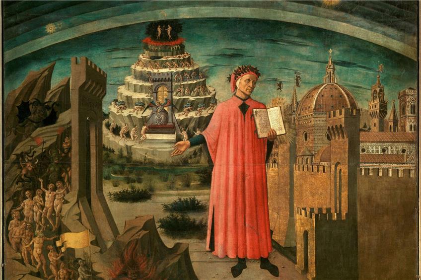 Das Gemälde „Dante und die drei Jenseitsreiche“ (1465) von Domenico di Michelino aus dem Dom zu Florenz: Der Dichter Dante Alighieri starb am 14. September vor 700 Jahren, doch nicht in seiner Heimatstadt. Foto: akg-images GmbH