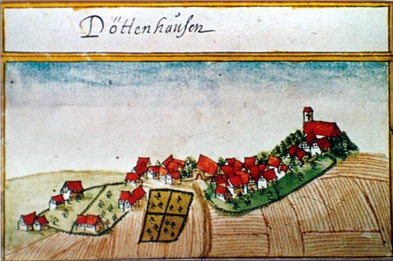 Das Titelbild stammt aus der Kieser’schen Forstlagerkarte, diese gilt als erstes Werk zur Landesvermessung in Württemberg. Es ist die erste bekannte Abbildung von Dettenhausen, etwa um 1685. Archivbild: RZW