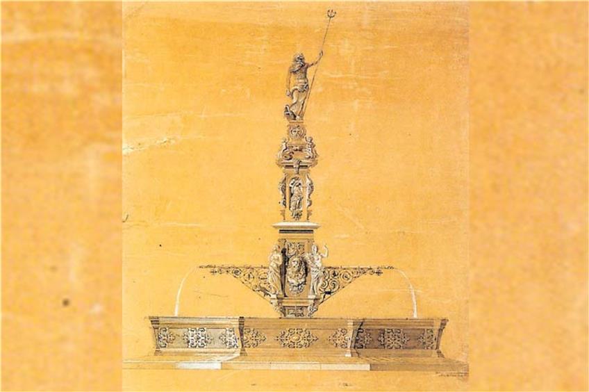 Das Tübinger Vorbild: der Mitte des 16. Jahrhunderts für die Piazza Nettuno in Bologna geschaffene Neptunbrunnen, gezeichnet von Heinrich Schickhardt. Bild: Stadtarchiv