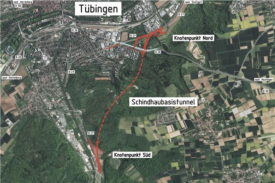 Das ist der neueste Plan des Schindhaubasistunnels. Gut zu sehen ist auch, wie der Anschluss am Französischen Viertel (Knotenpunkt Nord) aussehen soll. Bild: Regierungspräsidium Tübingen