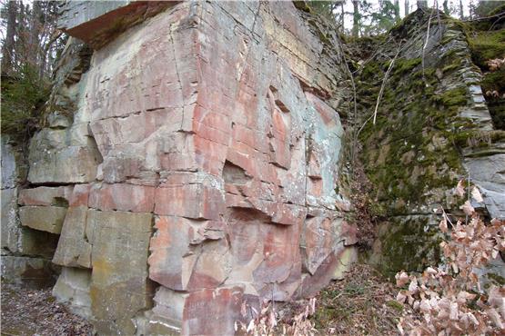 Den rötlichen Schilfsandstein gibt es noch heute im Wendelsheimer Steinbruch beim Märchensee. Bild: Peter Wagner