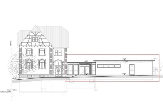 Der Altbau des Kindergartens mit dem geplanten neuen Anbau. Zeichnung: Freie Architekten Harald Kreuzberger