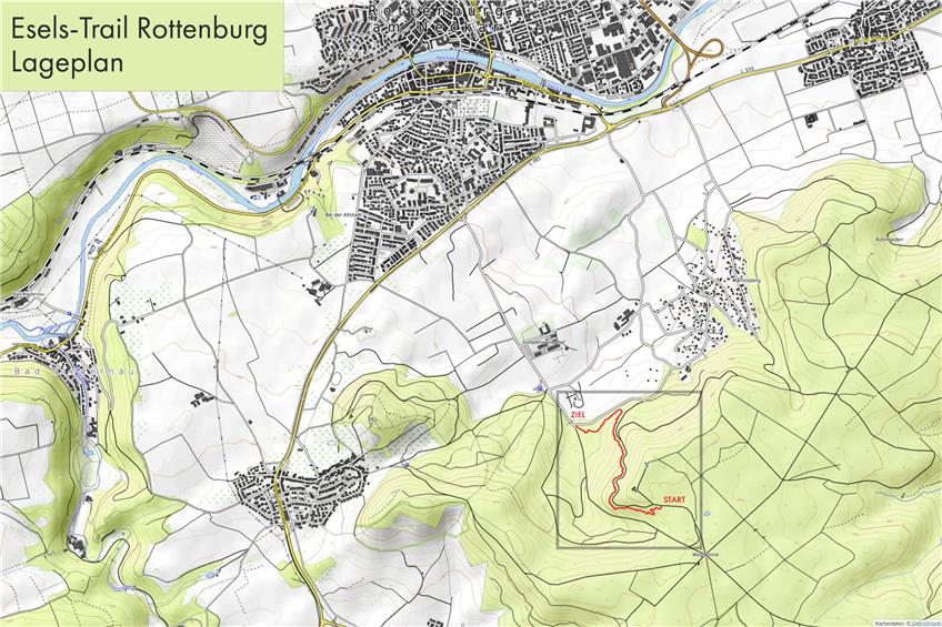 Der Esels-Trail für Mountainbiker des DAV Rottenburg führt am Nordhang des Rammert hinunter zum Wanderparkplatz Schadenweiler nahe der Forsthochschule (hier geht’s zur größeren Karte beim DAV). Zum Startpunkt gelangt man vom Wanderparkplatz aus über die Waldsteige. Kurz vor der Wegspinne auf der Höhe geht es links ab zum Oberen Lausbühlhaldenweg, von dem nach wenigen Hundert Metern links der Eselsweg und der parallel verlaufende Esels-Trail abzweigen. Karte: DAV - Open Street Map