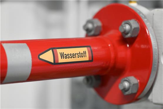 Der Hinweis Wasserstoff ist an einem Rohr in einem Verteilzentrum angebracht. Foto: Bernd Weißbrod/dpa