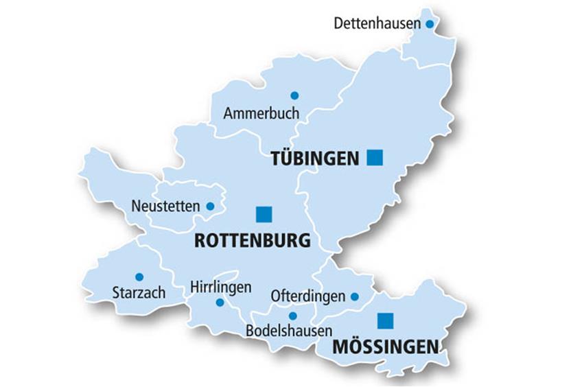 Der Landtagswahlkreis Tübingen 2016: Die Kreisgemeinden Kirchentellinsfurt, Kusterdingen, Dußlingen, Gomaringen und Nehren gehören zum Wahlkreis Reutlingen. Grafik: Uhland 2