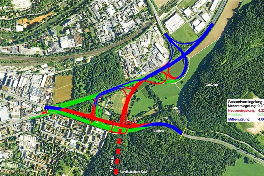 Der Schindhaubasistunnel soll den Verkehr auf der B 27 einmal an Tübingen vorbeiführen. Hier ist der geplante Tübinger Nord-Knoten zu sehen: Die blauen Strecken bestehen schon, die roten müssen neu gebaut werden. Die grünen Linien sind Straßen, die jetzt vorhanden sind, künftig aber wegfallen und renaturiert werden können. Die gestrichelte rote Linie steht für den Tunnel, links vom Ausgang liegt das Französische Viertel. Die B28 führt von der Mitte des linken Bildrands (Reutlinger Straße) bis nach rechts unten (auf die Härten). Abbildung: Regierungspräsidium