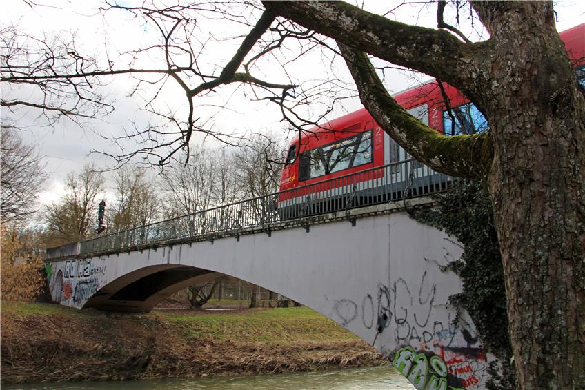 Die Ammertalbahn auf der Brücke über Neckar und Neckarinsel in Tübingen. Bild: Philina Schütze