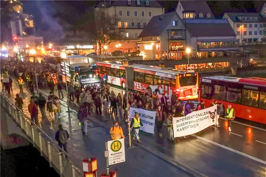 Die Demo über die Tübinger Neckarbrücke. Bild: Ulrich Metz