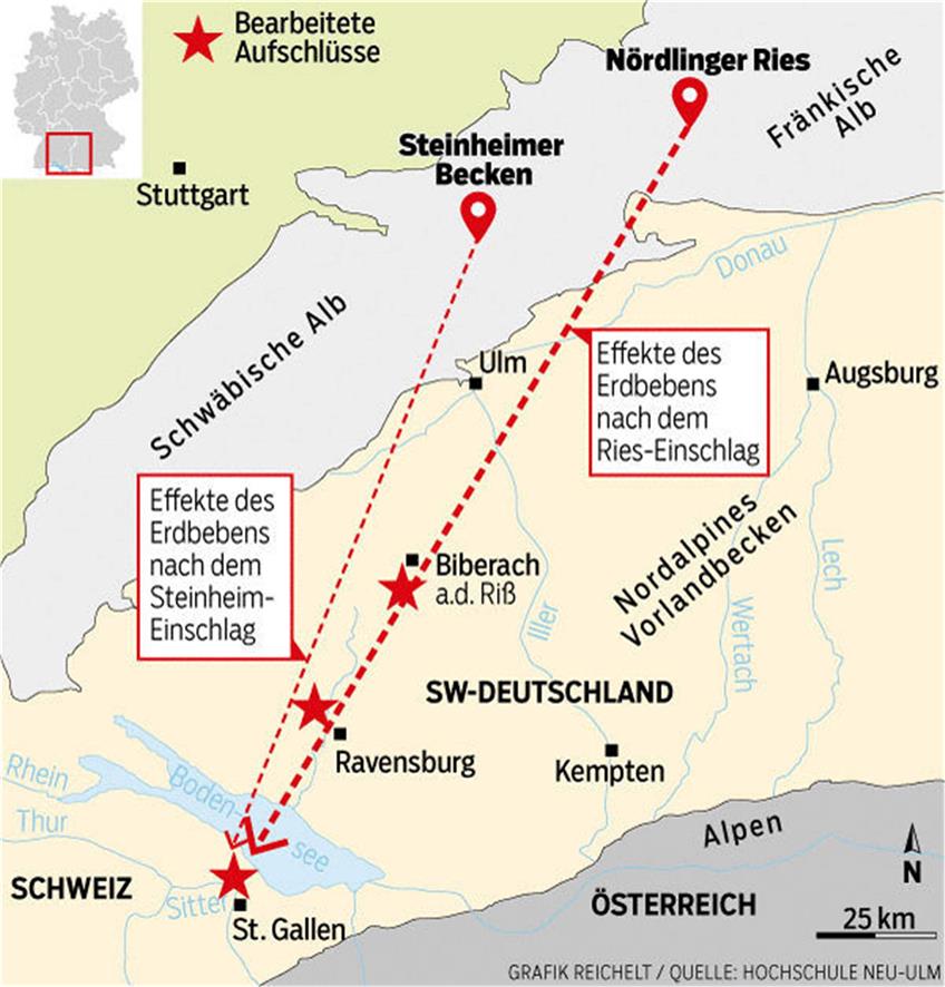 Die Grafik zeigt die Einschläge der Meteoriten und das Ausmaß. Teils reichten die Erdbeben bis in die Schweiz. Foto: Quelle: Hochschule Neu-Ulm