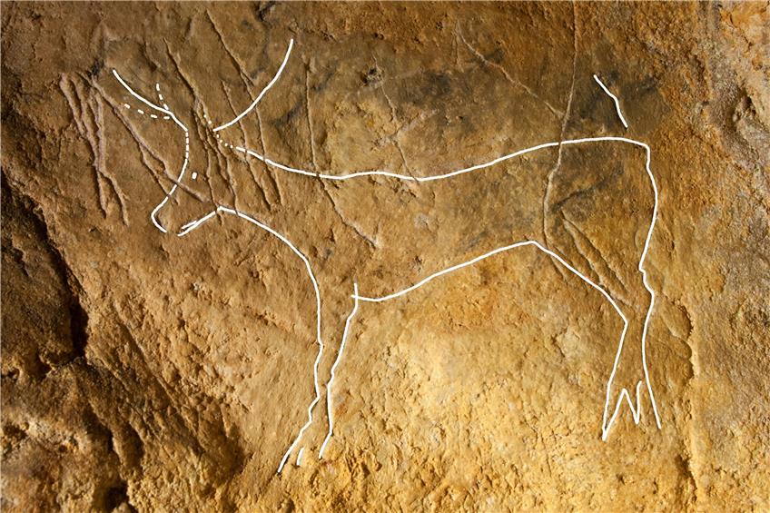Die Gravierung eines hirschartigen Tieres wurde in der Höhle Agneux II gefunden und nachgezeichnet (Bild). Bild: Christian Hoyer, AG Floss, UT