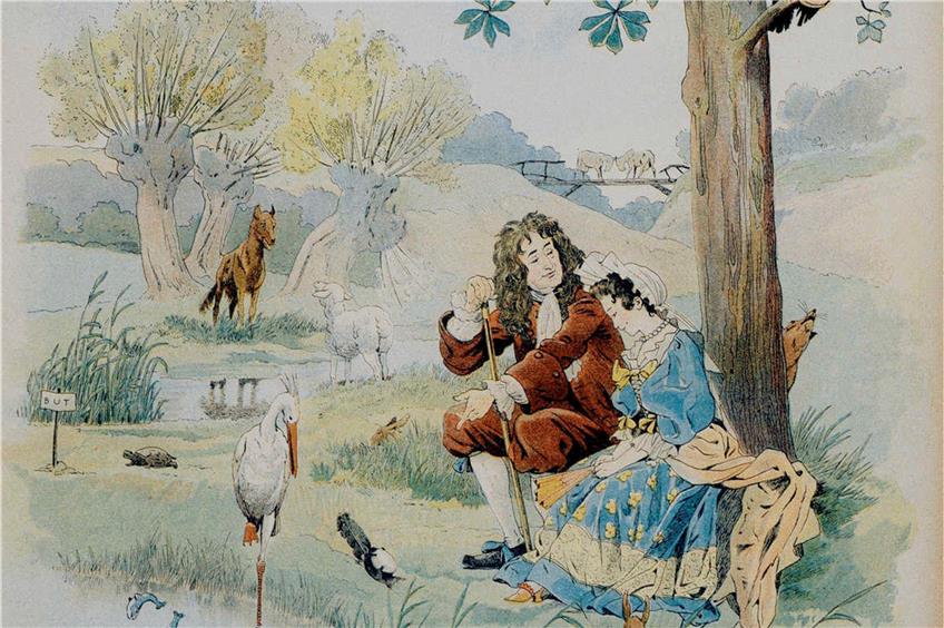 Die Illustration zeigt La Fontaine mit einer Dame in der Natur. Foto: akg-images