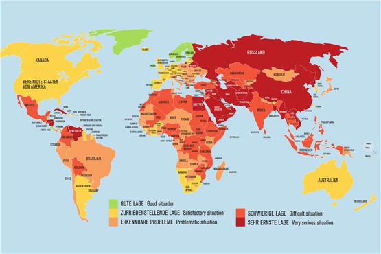 Die Karte zeigt die Lage der Pressefreiheit weltweit im Jahr 2022. Die Nichtregierungsorganisation Reporter ohne Grenzen stellt jedes Jahr die aktuelle Lage in einer Weltkarte dar. Die verschiedenen Farben zeigen an, wie gut oder schlecht die Situation der Pressefreiheit in den einzelnen Ländern ist. Bild: Reporter ohne Grenzen