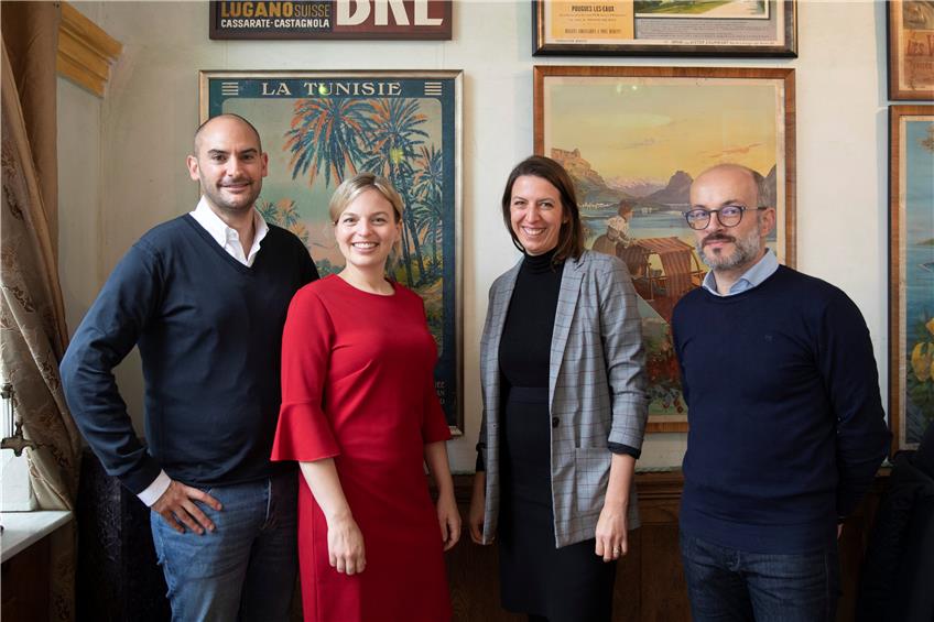 Die Redakteure Dominique Leibbrand und Roland Muschel mit Katharina Schulze und Danyal Bayaz. Fotos: Oliver Soulas/Instagram/privat