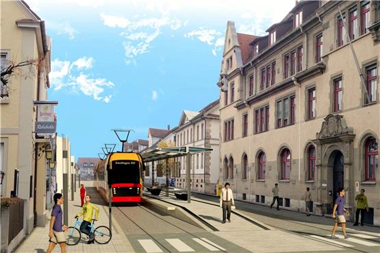 Die Reutlinger Stadtverwaltung machte sich mal Gedanken, wie die Stadtbahn - rechts das Amtsgericht - aussehen könnte.