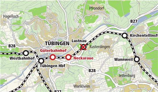 Die geplante Regionalstadtbahnstrecke zwischen Tübingen und Reutlingen: Mit schwarzen Kreisen sind bestehende Haltepunkte, mit roten die vier zusätzlichen gekennzeichnet.