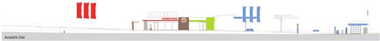 Die neue Tankstelle von der Straße Am Römerfeld betrachtet: Links ein großes Gebäude, das sich Aral mit Burger King teilt, daneben Zapfsäulen für Autos Lastwagen sowie ganz rechts eine Waschanlage. Zeichnung: Bankai Architekten GmbH