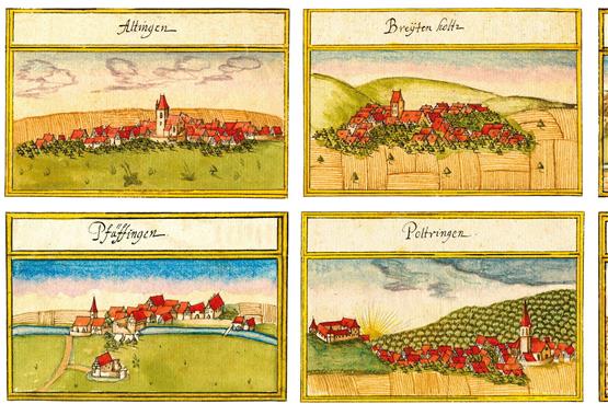 Die sechs Ammerbucher Dörfer als Kieser’sche Ortsansicht gibt es jetzt als Postkarten. Repros: Gerhard Groebe