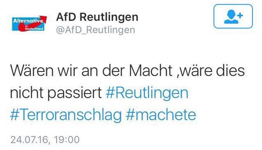 Dieser angebliche Tweet der Reutlinger AfD wurde am Sonntagabend in den Sozialen Medien verbreitet. Screenshot