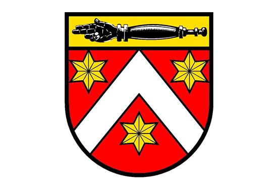 Drei Sterne für die drei Ortsteile, und darüber der Schwurstab: Das Wappen von Neustetten.