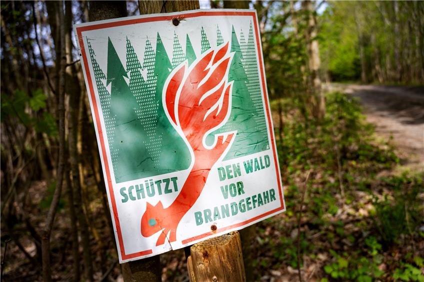 Ein Schild mit der Aufschrift „Schütz den Wald vor Brandgefahr“ hängt in einem Wald an einem Waldweg. Foto: Stefan Sauer/dpa/Symbolbild