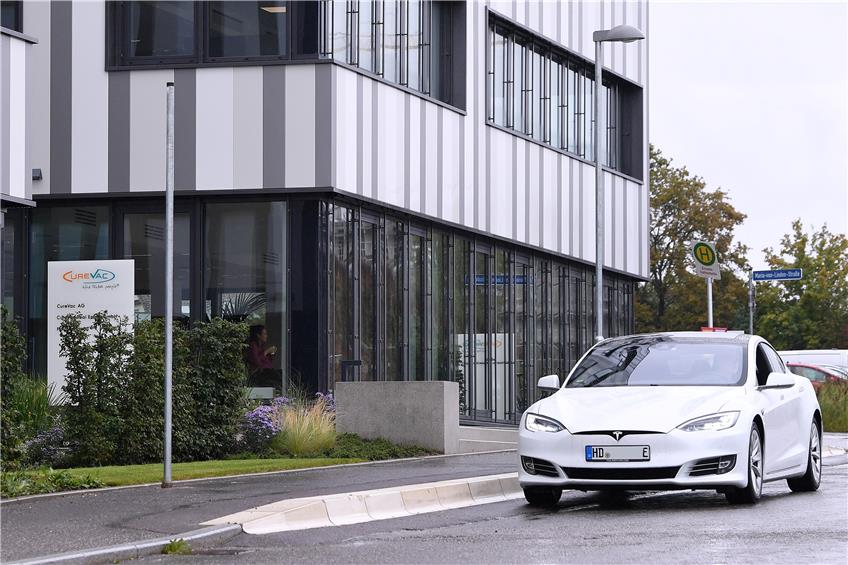 Ein Tesla-Fan im Auto vor dem Hauptgebäude des Tübinger Biopharma-Unternehmens Curevac. Bild: Ulmer
