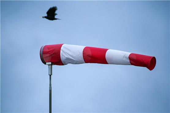 Ein Windsack steht im starken Wind, während im Hintergrund eine Krähe fliegt. Foto: Thomas Warnack/dpa