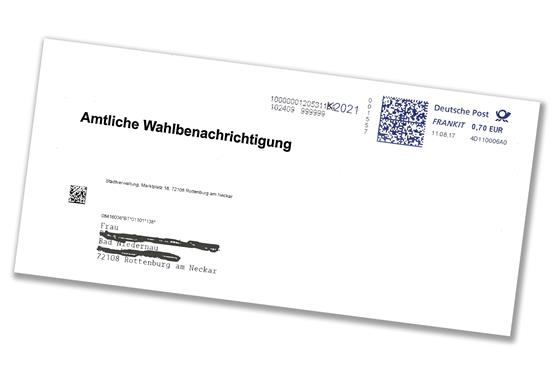 Eine mit 70 Cent recht teuer frankierte Wahlbenachrichtigung von der Stadt Rottenburg. Bild: Fleischer