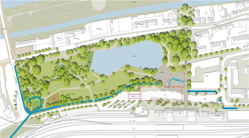 Europaplatz und Anlagensee. Die künftigen Fahrradwege sind blau eingezeichnet. Plan: BHM Planungsgesellschaft