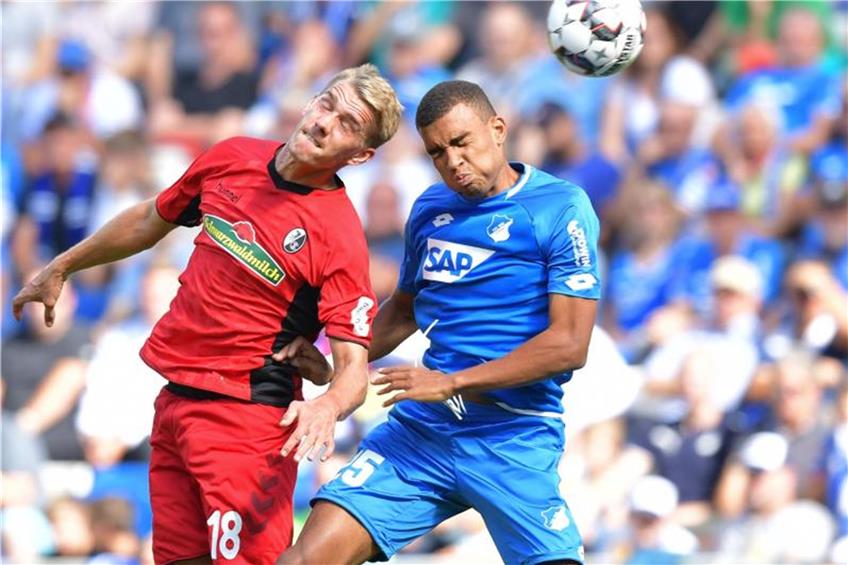 Freiburgs Nils Petersen (l) und Hoffenheims Kevin Akpoguma kämpfen um den Ball. Foto: Uwe Anspach dpa