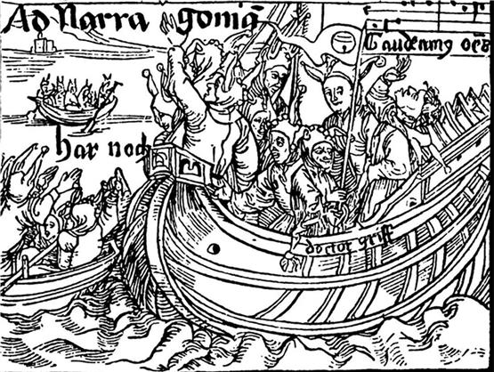 Fromm und derb: Das „Narrenschiff“ (Ausschnitt aus dem Original-Titelbild).Bild: Uni Tübingen, Zeichnungen: Dürer, Meister der Bergmannschen Offizin
