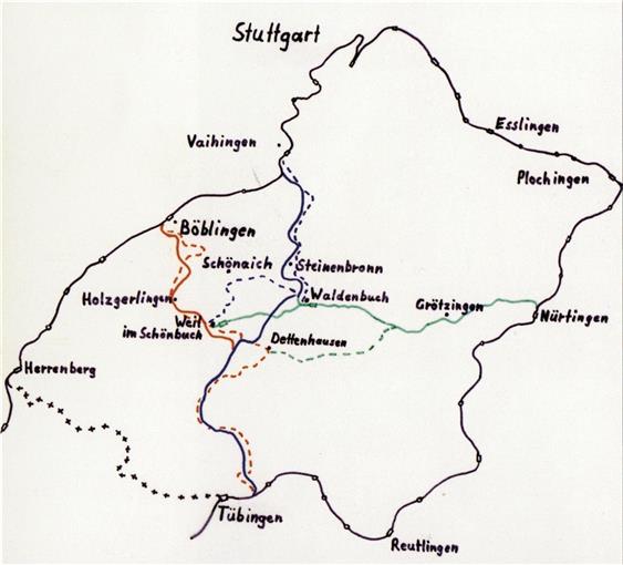 Für den Jubiläumsband „100 Jahre Schönbuchbahn“ hat Helga Hager Bahnstrecken zusammengetragen. Die Verlängerung der Schönbuchbahn von Dettenhausen bis nach Tübingen war angedacht. Grafik: Kreis Böblingen